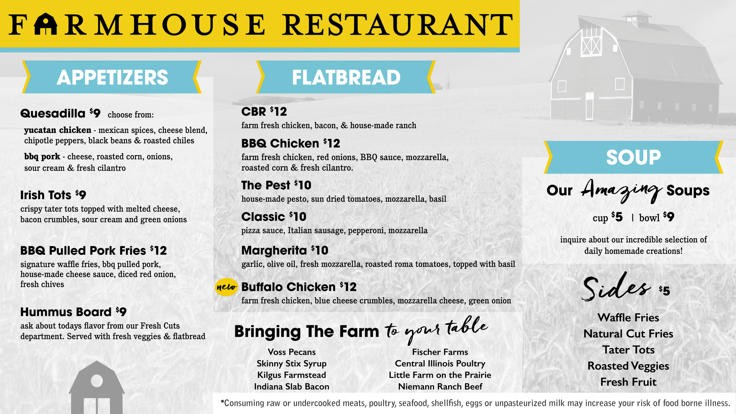 Farmhouse Restaurant menu cover with a yellow header, blue ribbon banners for Appetizers and Flatbread, and a faded barn background.