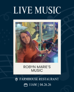 IMG_0477 | Niemann Harvest Market A digital flyer for a live music event with a dark blue background featuring subtle, light blue musical doodles.
The top of the flyer features the words "LIVE MUSIC" in a white serif font. In the center, a polaroid-style photo shows a smiling woman with purple-tinted hair holding an acoustic guitar. She is seated indoors near a window decorated with green shamrocks, with a microphone positioned in front of her.
Below the photo, the artist's name is printed in black: "ROBYN MARIE’S MUSIC."
At the bottom of the flyer, the event details are listed in white text next to location and calendar icons:
Location: Farmhouse Restaurant
Time & Date: 11AM | 04.26.26
