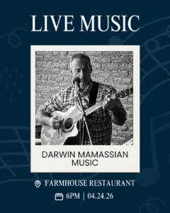 IMG_7335 | Niemann Harvest Market A digital flyer for a live music event with a dark blue background featuring subtle, light blue musical doodles.
The top of the flyer displays the words "LIVE MUSIC" in a white serif font. In the center, there is a black-and-white photo styled as a polaroid, showing a man playing an acoustic guitar and singing into a microphone against a brick wall background.
Below the photo, the artist's name is printed in black: "DARWIN MAMASSIAN MUSIC."
At the bottom of the flyer, the event details are written in white text accompanied by location and calendar icons:
Location: Farmhouse Restaurant
Time & Date: 6PM | 04.24.26