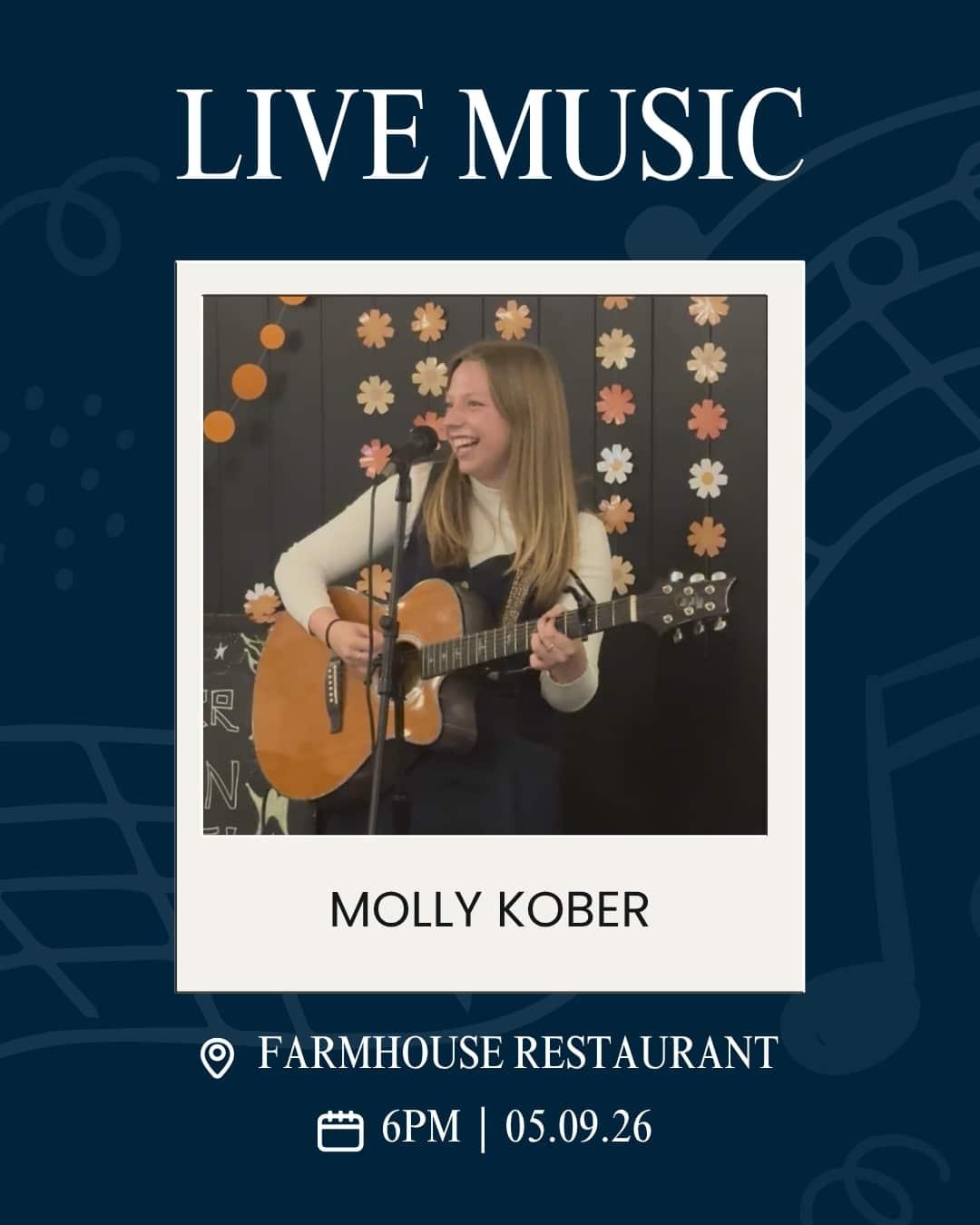 Poster for a live music night at Farmhouse Restaurant featuring Molly Kober on guitar, 6 PM, 05.09.26