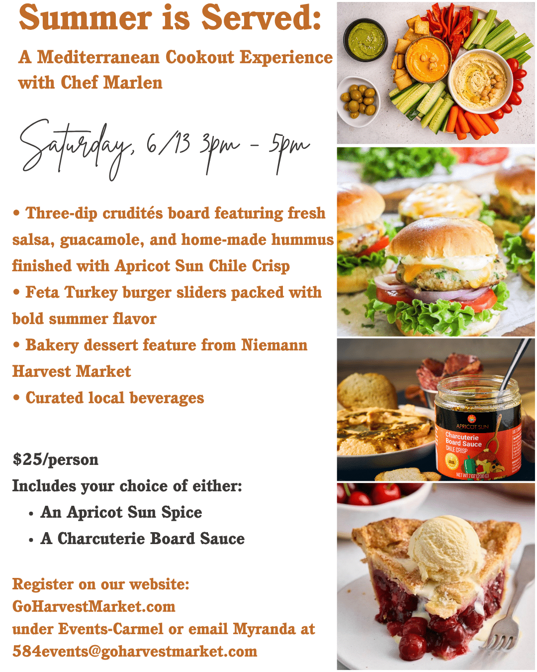 Event flyer: Summer is Served—a Mediterranean cookout with Chef Marlen; menu bullets and right-side food photos (veggie tray, burgers, sauces, dessert).