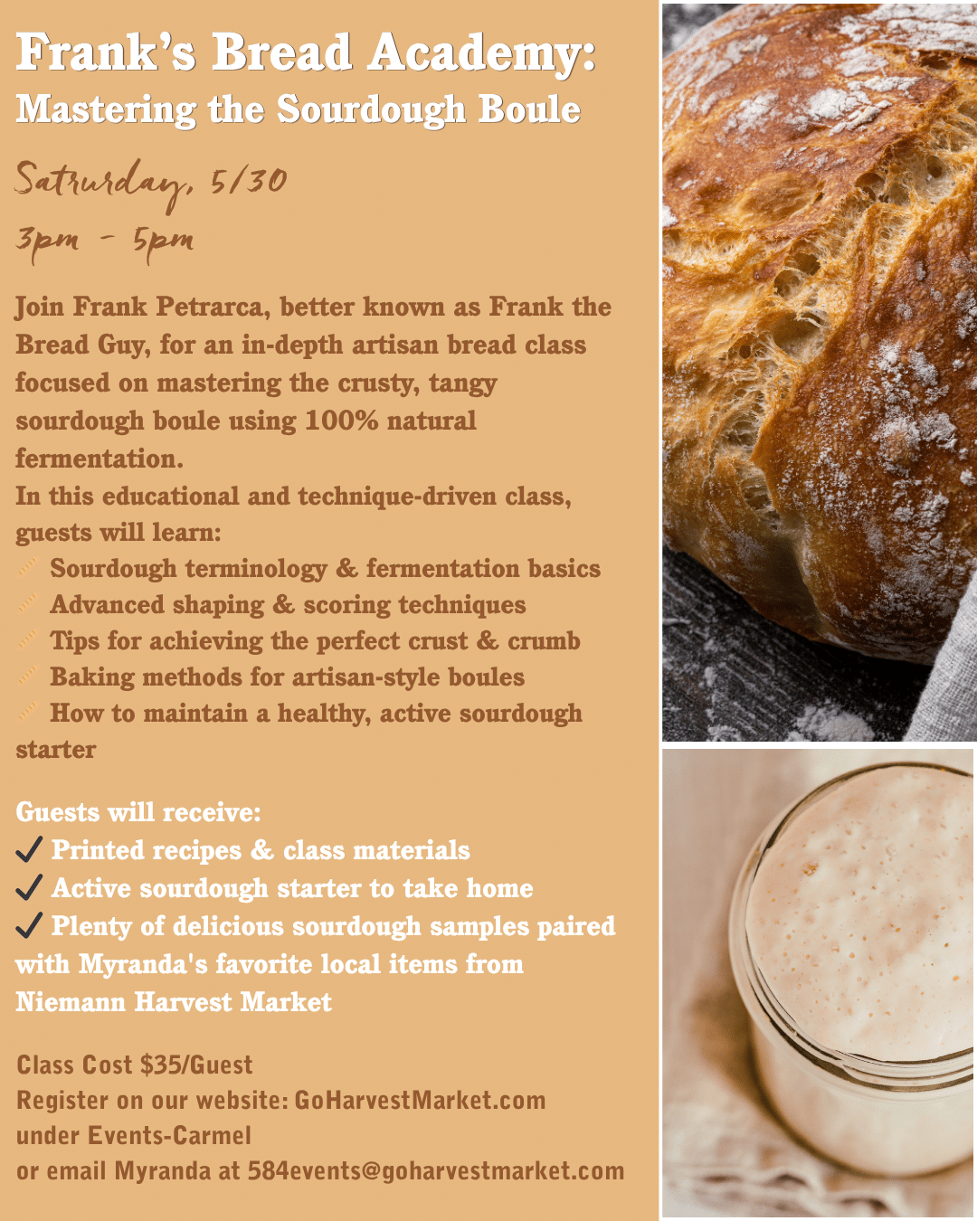 Poster for Frank's Bread Academy: Mastering the Sourdough Boule — Sat 5/30, 3–5pm; topics include terminology, shaping, baking, and starter; includes pricing and registration info; right edge shows a crusty loaf and a jar of sourdough starter.