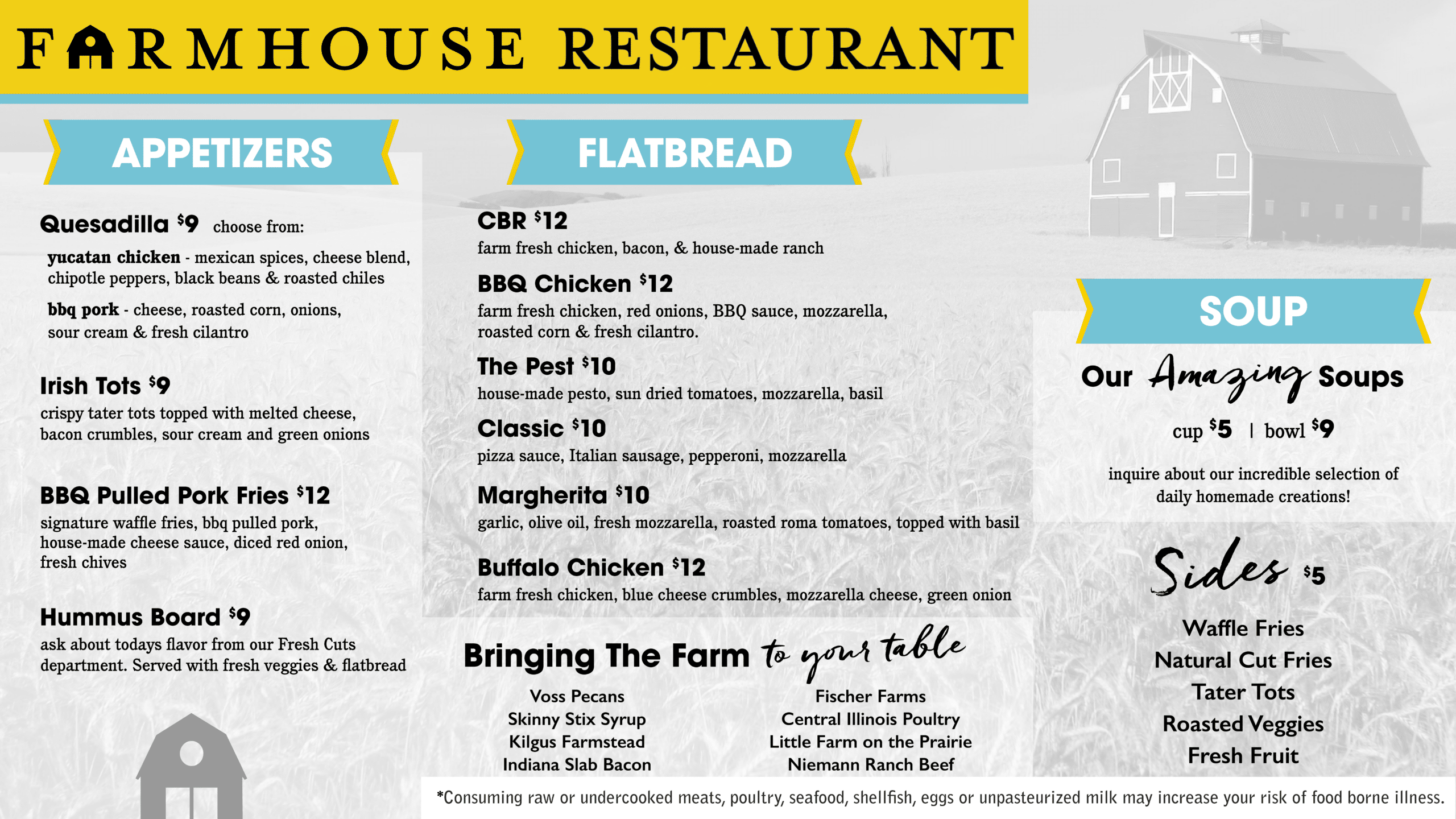 Farmhouse Restaurant menu board with sections for Appetizers, Flatbread, and Soup; banners in blue with yellow edges dominate the top and middle.