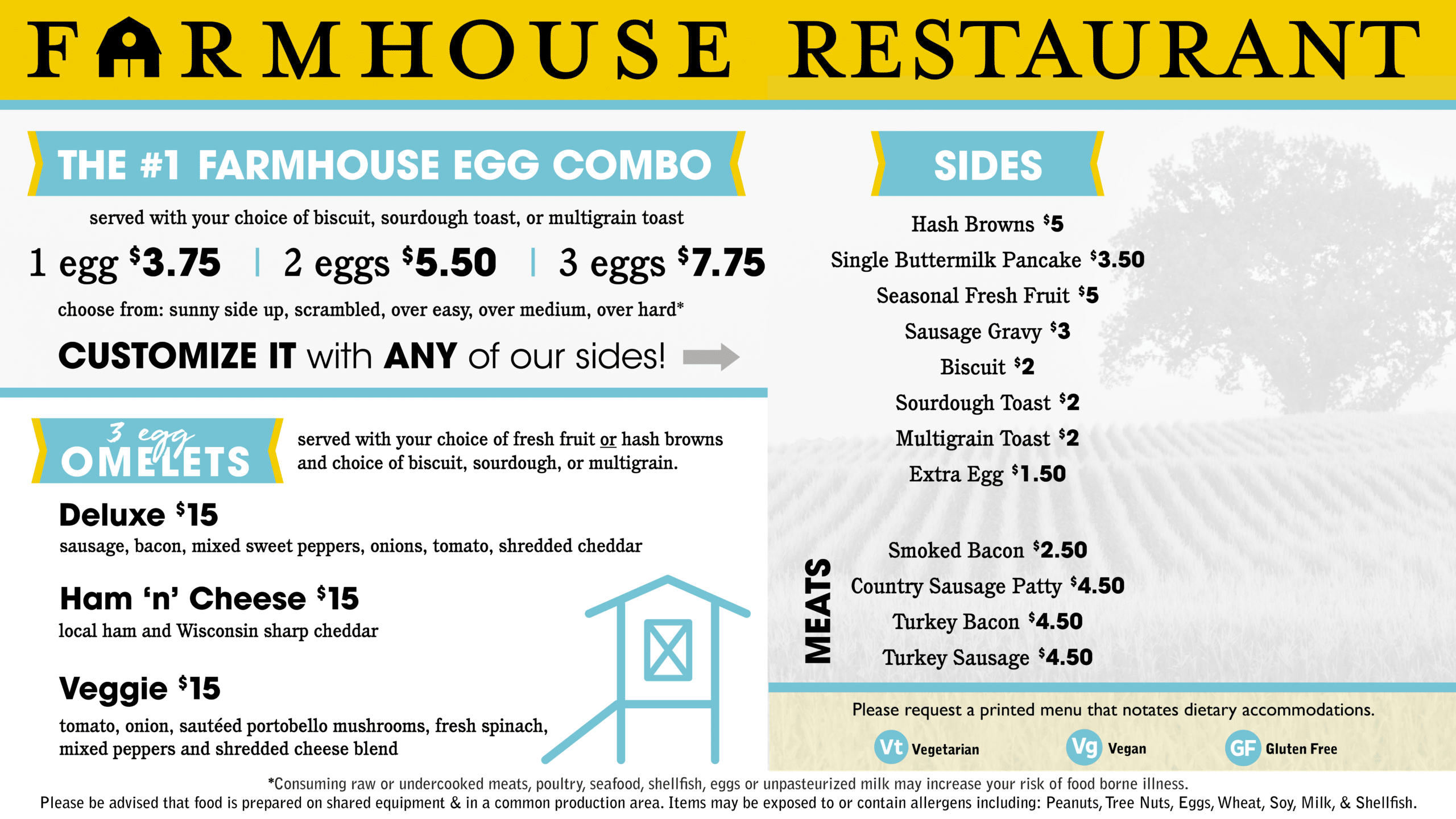 Colorful Farmhouse Restaurant menu split: egg combos on the left and sides on the right with prices visible.
