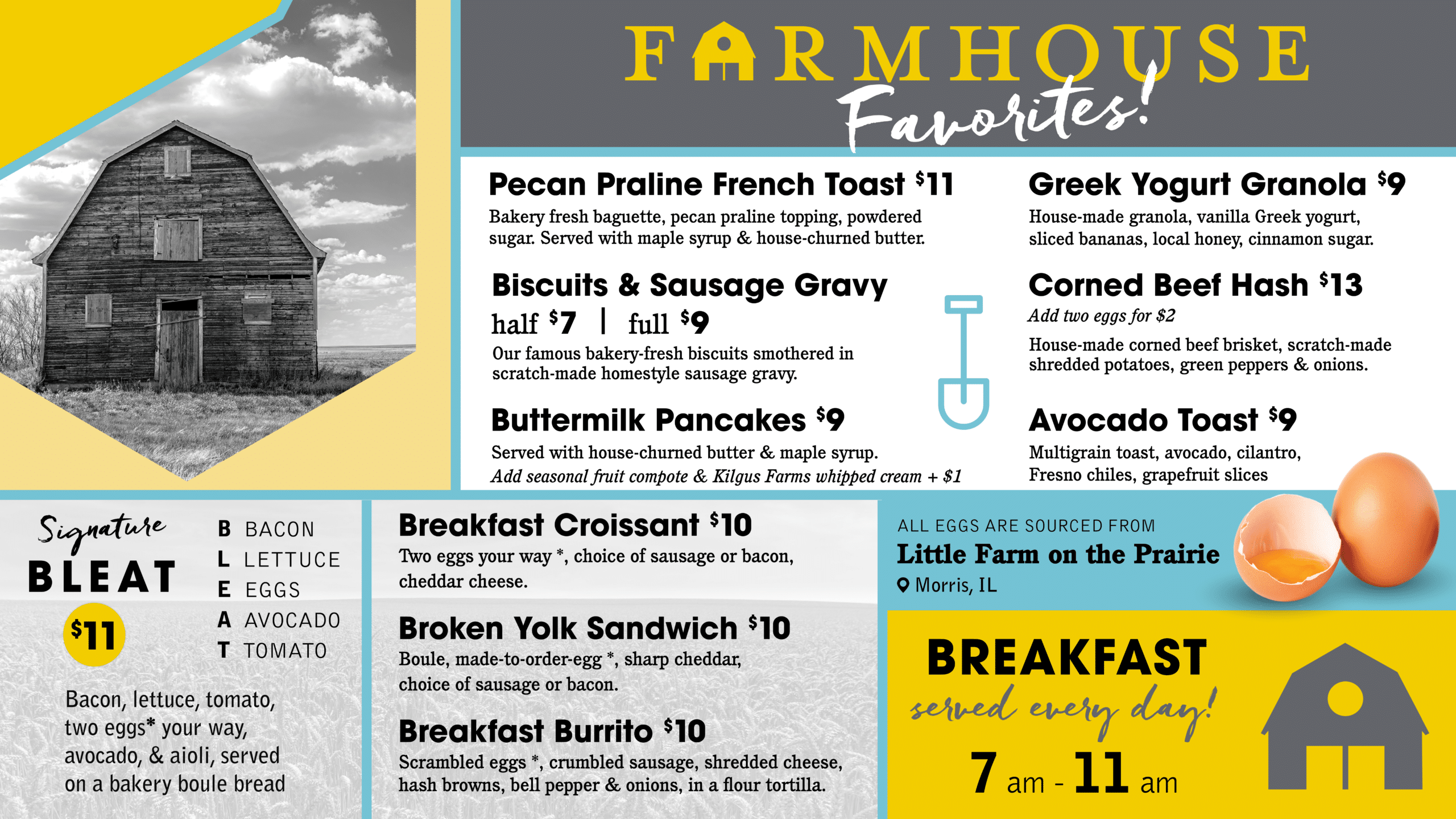 Collage showing a black-and-white barn photo on the left and a bright Farmhouse Favorites menu on the right with breakfast items listed in bold.