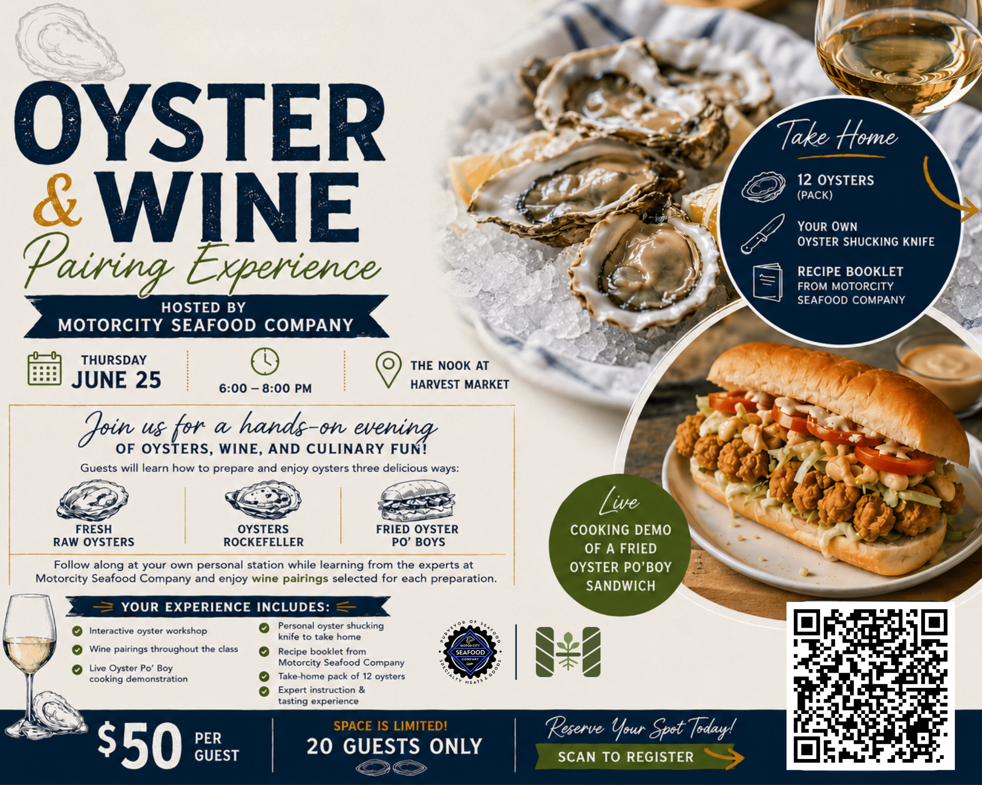 Event banner for the Oyster & Wine Pairing Experience hosted by Motorcity Seafood Company, with oysters on ice and a wine glass.