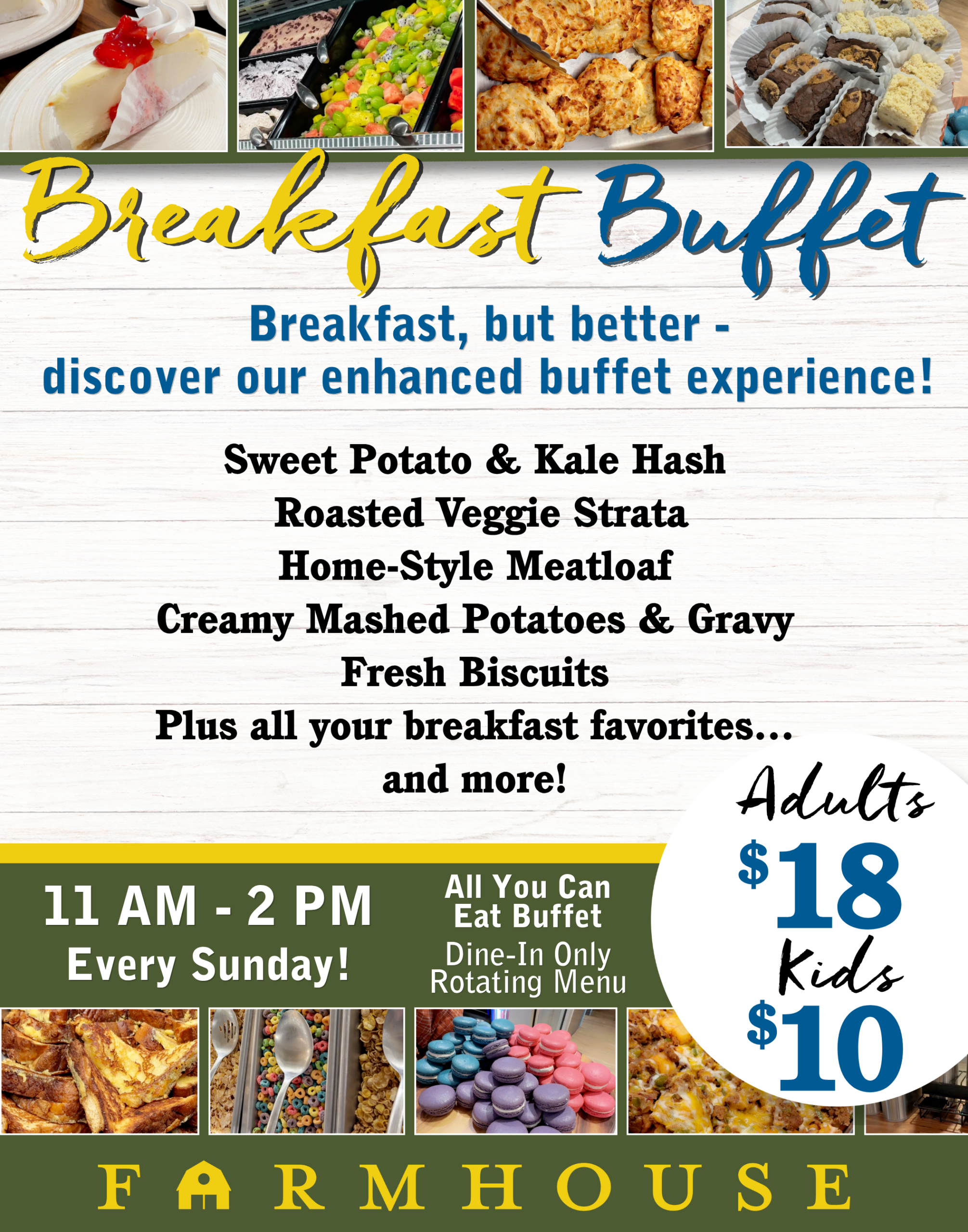 Collage of breakfast items and pastries with the headline Breakfast Buffet on a wooden backdrop, promoting an all-you-can-eat menu.