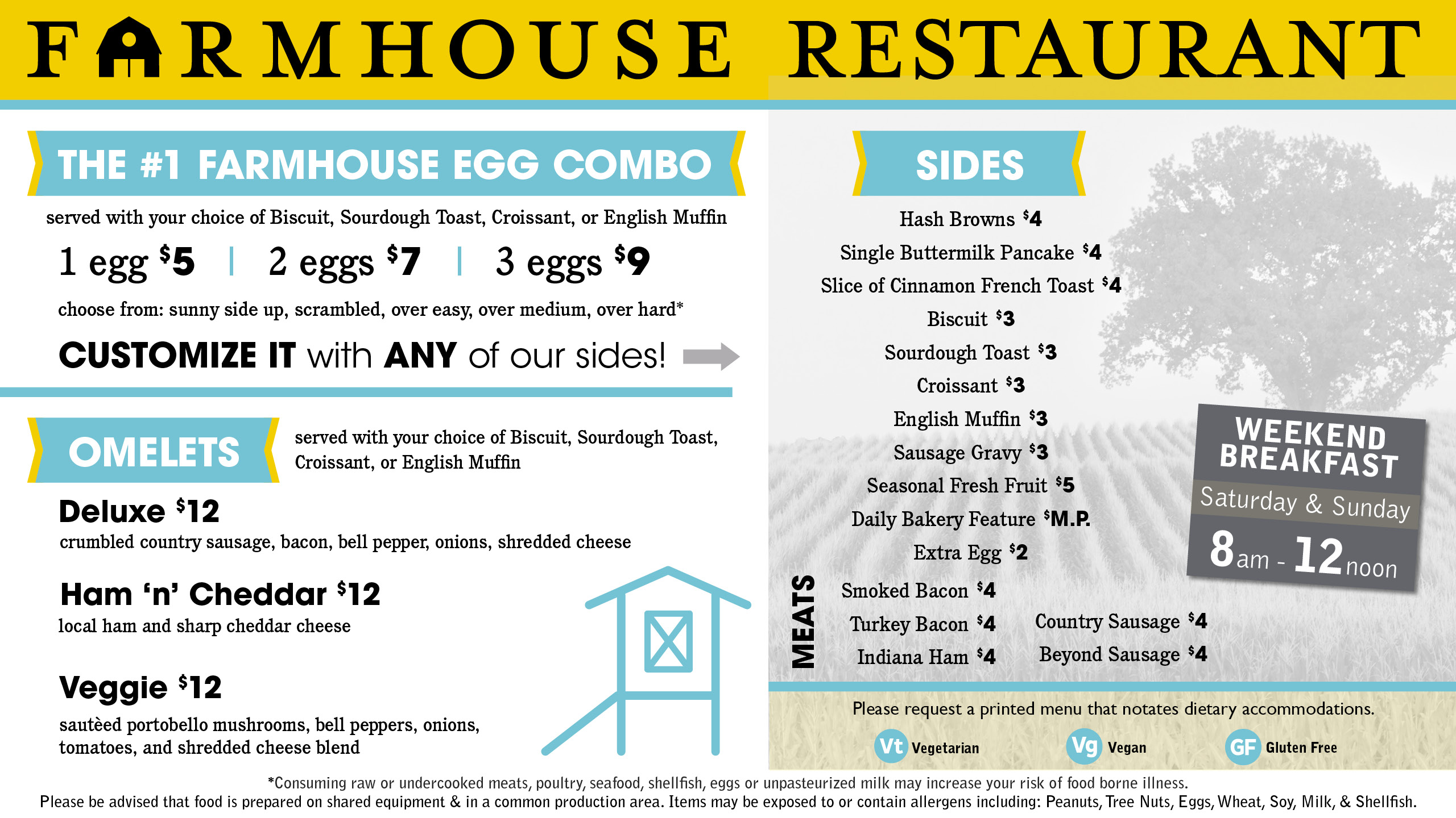 Split Farmhouse Restaurant menu showing egg combos on left and sides on right with a bold Weekend Breakfast graphic on the right panel.
