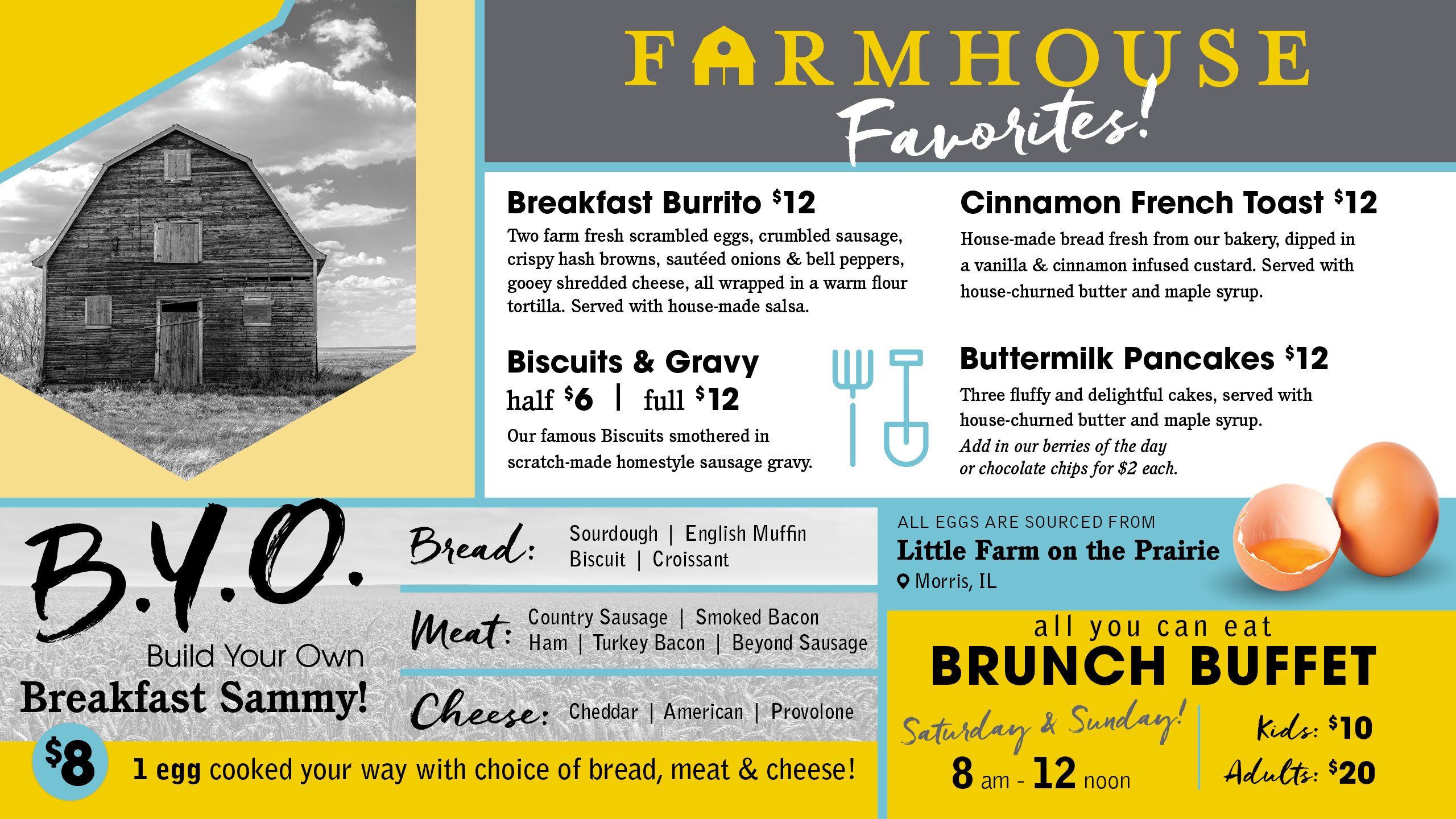 Farmhouse Favorites menu collage with a black-and-white barn photo on the left and colorful menu sections (Breakfast Burrito, Cinnamon French Toast, Biscuits & Gravy, Buttermilk Pancakes) on the right, plus decorative eggs and bread imagery.