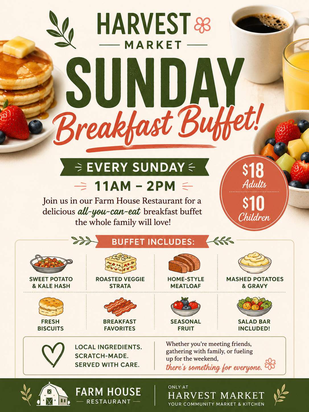 Poster advertising Sunday Breakfast Buffet at Harvest Market, with pancakes, fruit bowl, coffee and orange juice visible; highlights 11am–2pm and prices $18 adults / $10 children, plus a buffet lineup of dishes.
