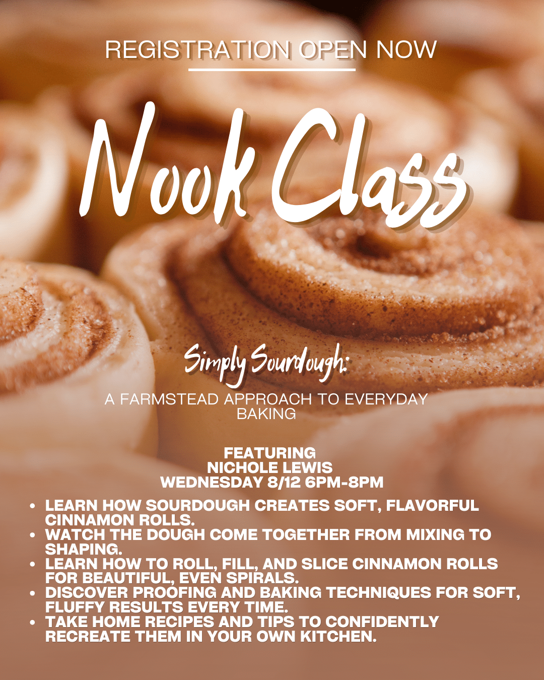 Event poster for a Nook Class baking class about cinnamon rolls, with date, host, and registration information.