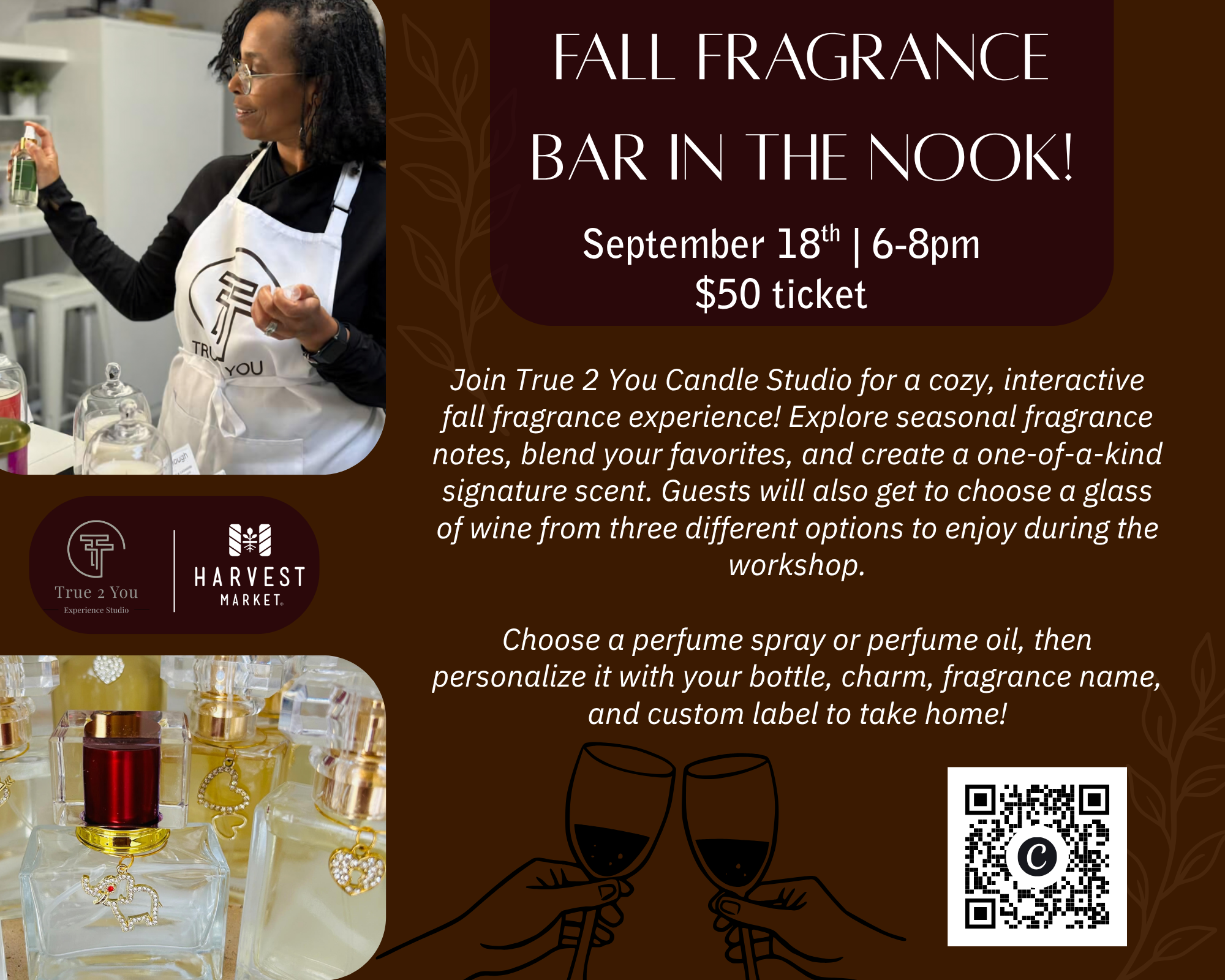 Woman in apron holding a perfume bottle at a fragrance bar with text about a Fall Fragrance Bar event.