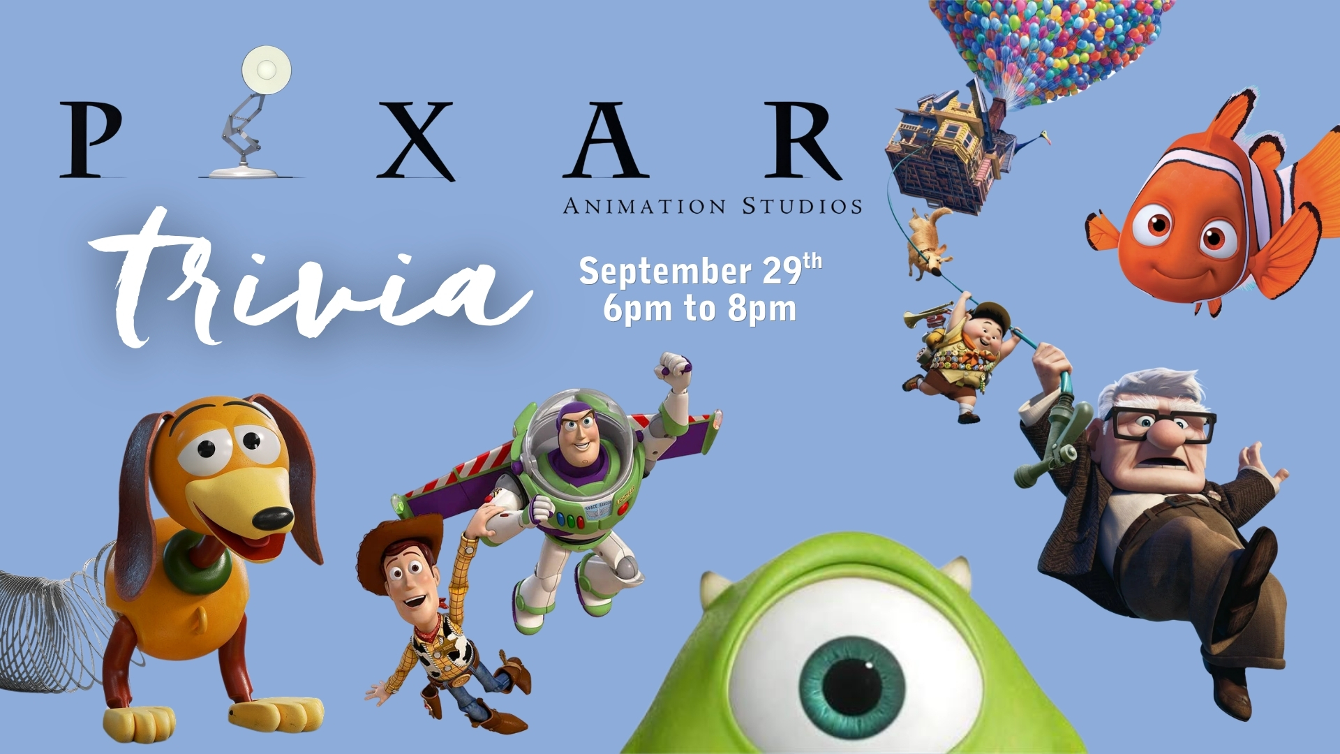 Pixar Trivia Night banner on a blue background with characters, text 'Trivia' and date September 29, 6pm to 8pm.