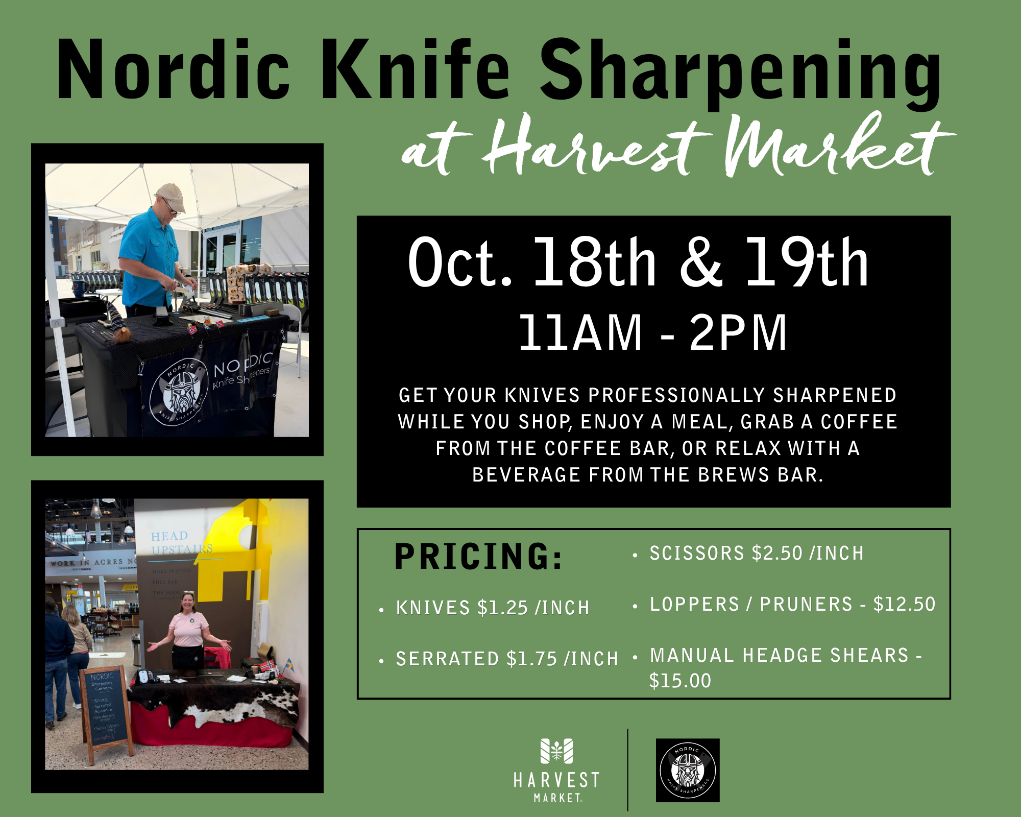 Man in a blue shirt sharpening knives at an outdoor market booth with a Nordic Knife Sharpener banner on the table.