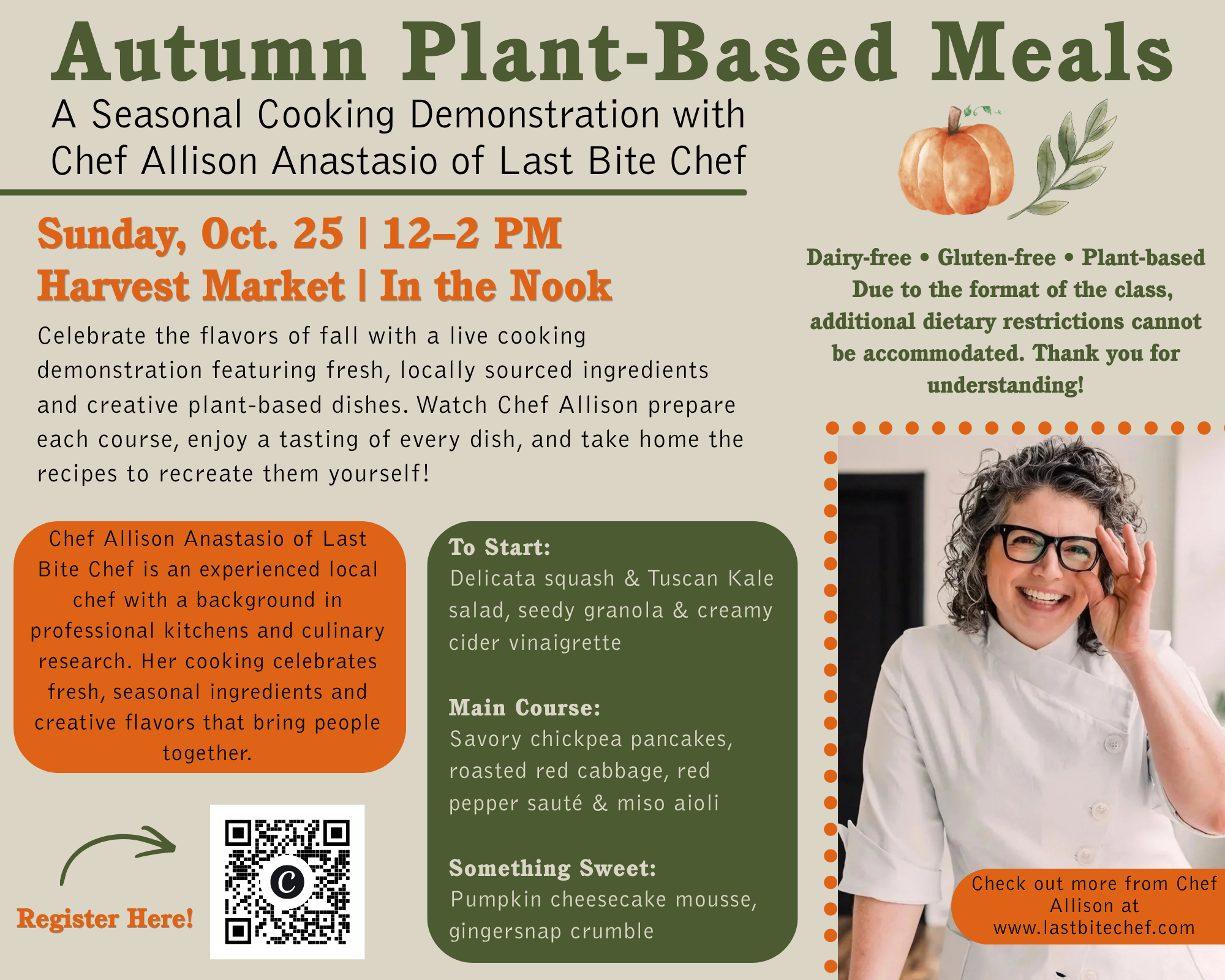 Poster advertising 'Autumn Plant-Based Meals' event with Chef Allison Anastasio; features pumpkins, date, and registration info; includes a chef photo on the right side.