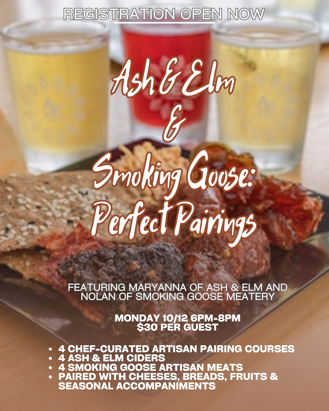 Poster promoting 'Ash & Elm & Smoking Goose: Perfect Pairings' with a meat platter and beer glasses; includes registration and event details in bold text.