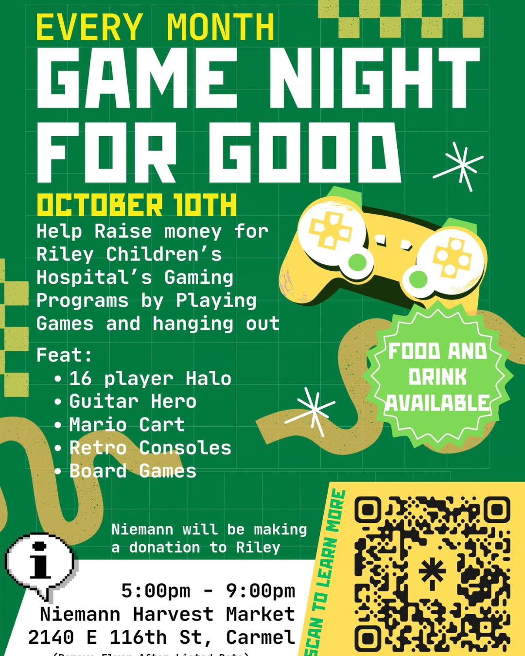 Poster for Every Month Game Night for Good on Oct 10, 5–9pm at Niemann Harvest Market, Carmel; features a game controller and a 'Food and Drink Available' badge.