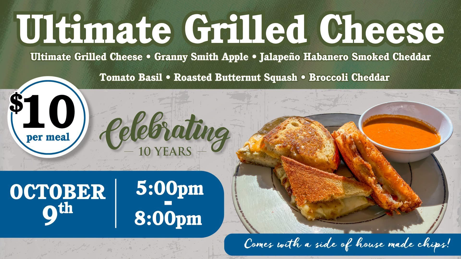 Promotional flyer advertising Ultimate Grilled Cheese meals for $10, featuring a sandwich and bowl of tomato soup on a plate.
